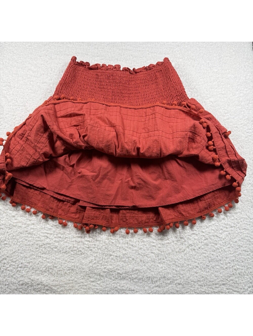 House of Harlow 1960 Skirt Women M Red Tiered Smocked Pom Pom Boho Mini - Picture 5 of 9